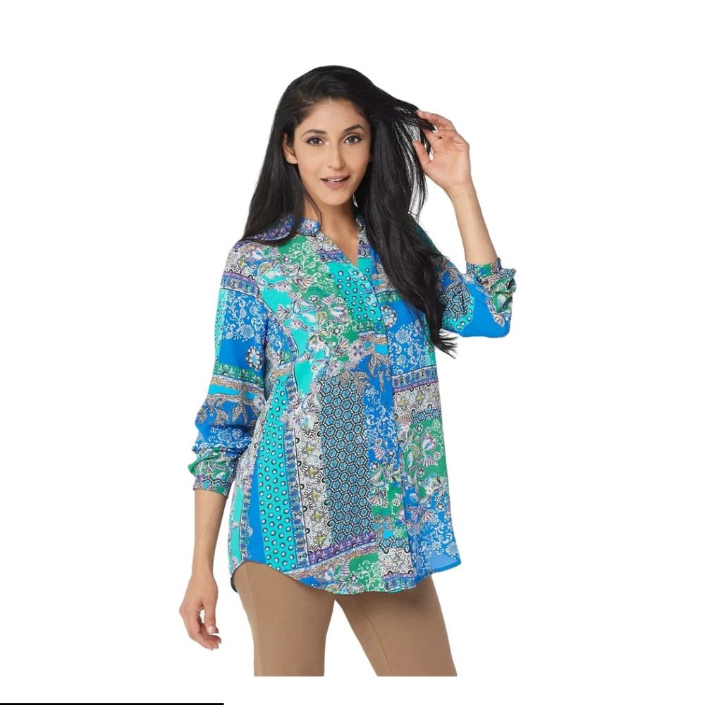 Joan Rivers Patchwork Blue Print Textured Blouse, Size 2